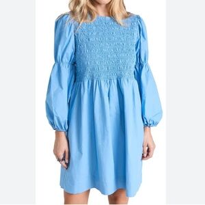 Cottagecore Babydoll Smocked Blue Peasant Fairy Puff Long Sleeve Mini Dress M